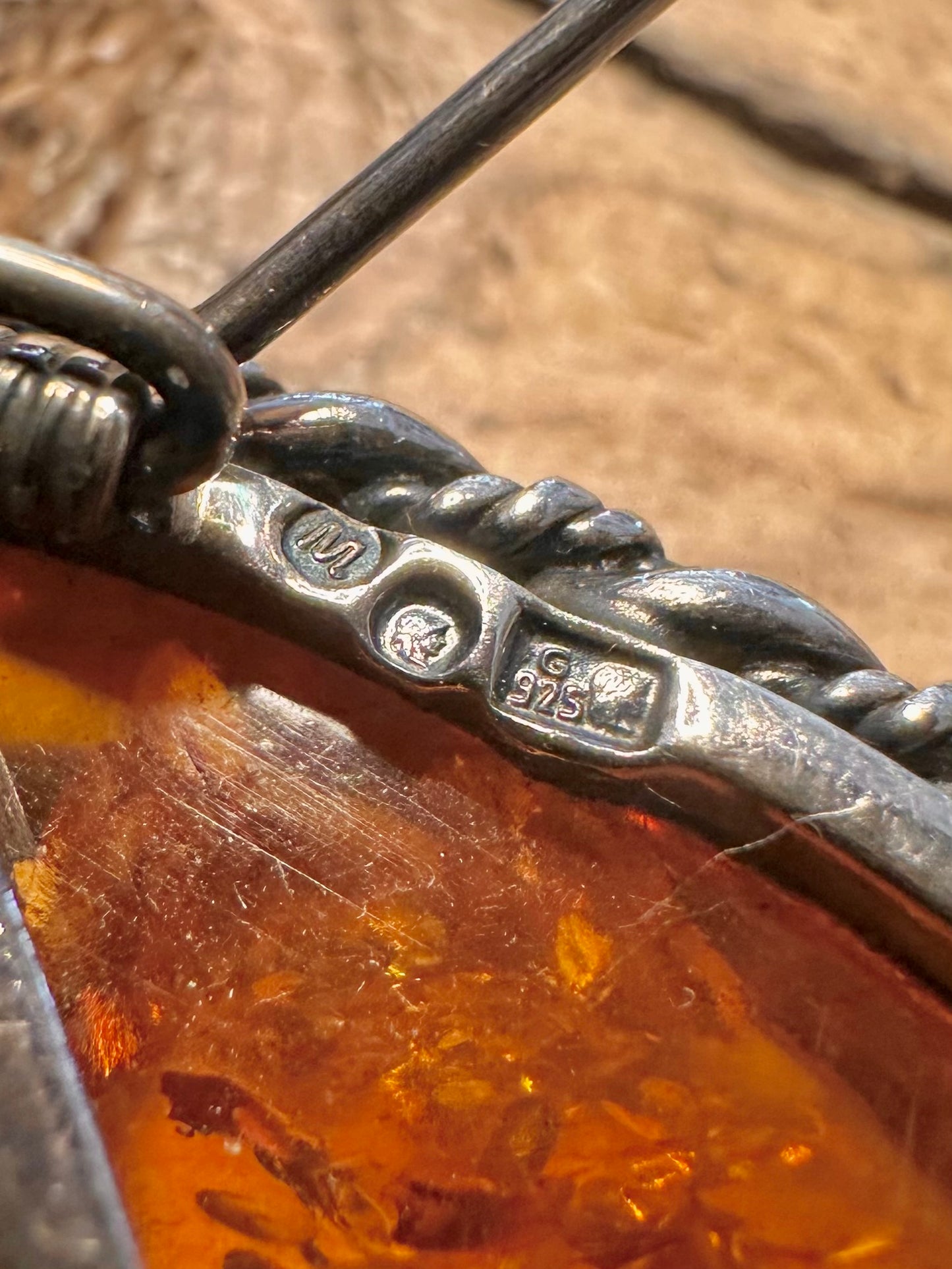 Vintage Embossed Amber 925 Silver Brooch