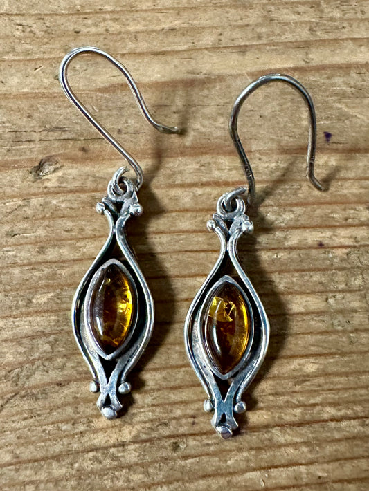 Vintage Ornate Amber Dangle 925 Silver Earrings