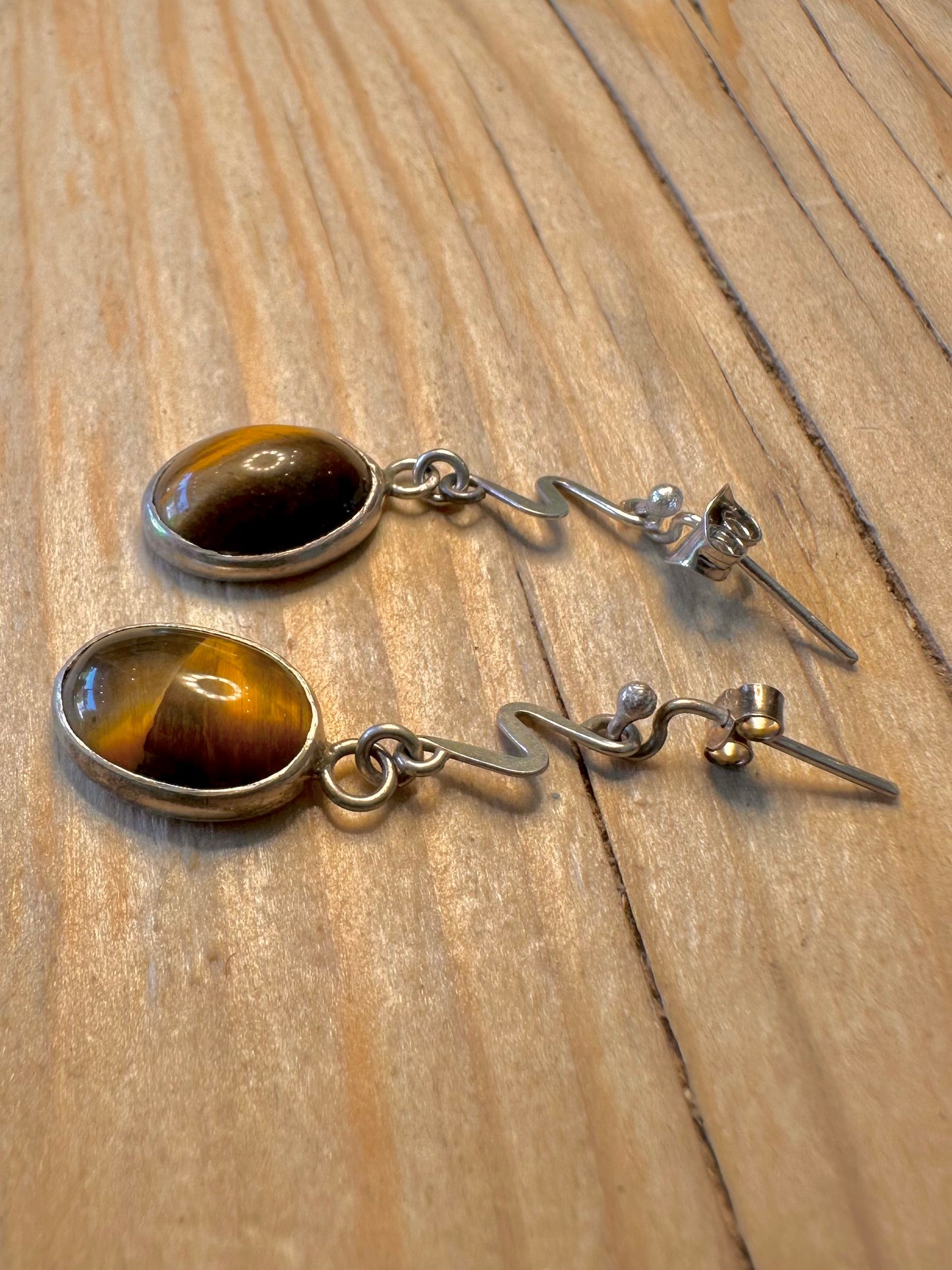 Vintage Zig Zag Tigers Eye 925 Silver Earrings
