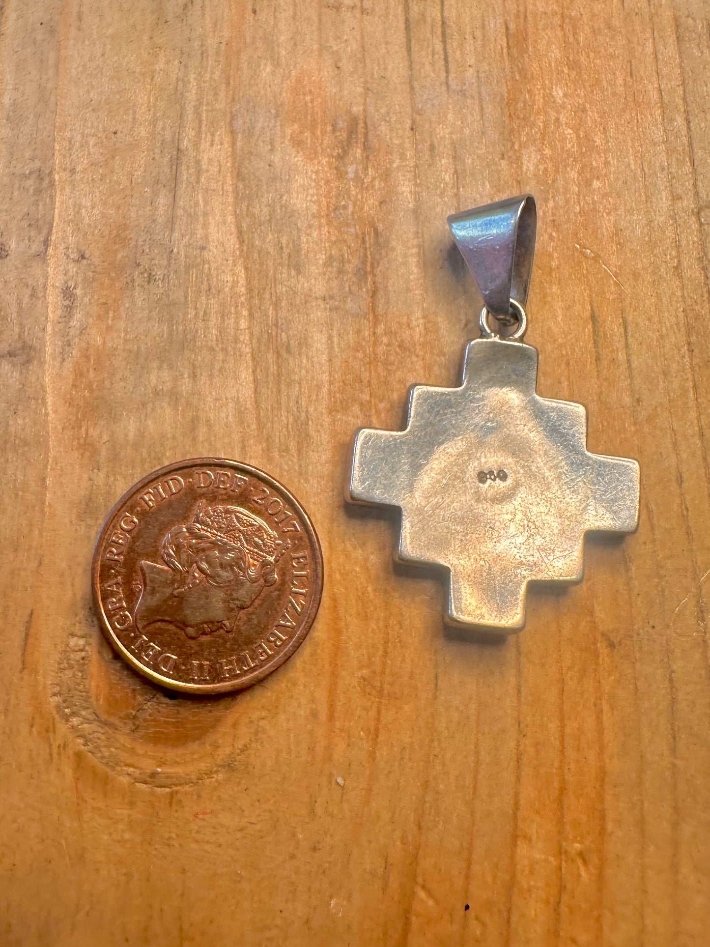 Peruvian Chakana Mother of Pearl Coral Turquoise 950 Silver Pendant