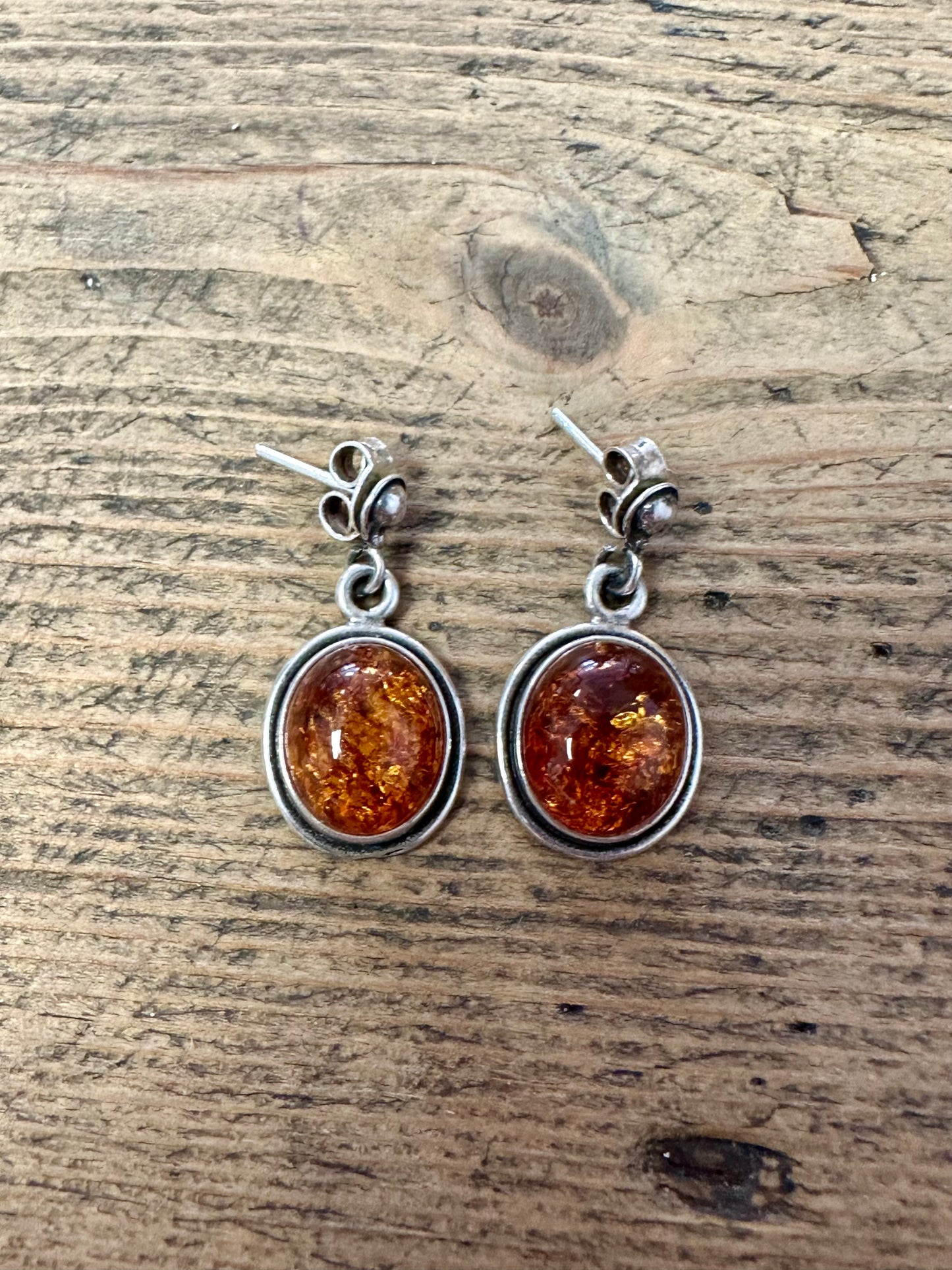 Vintage Oval Amber Dangle 925 Silver Earrings