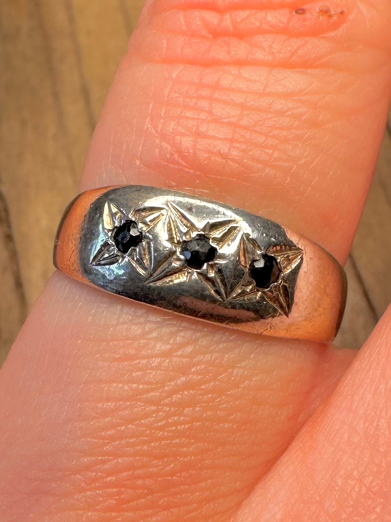 Vintage 1980 Gypsy Style Dark Blue Stone 925 Sterling Silver Size Q Ring