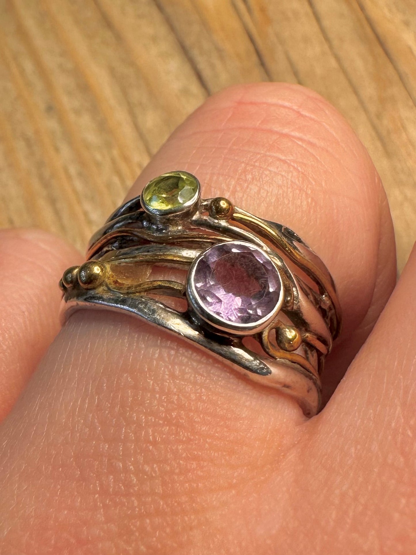 Abstract Multi Gemstone Gold Plate Parts 925 Sterling Silver Size R Ring