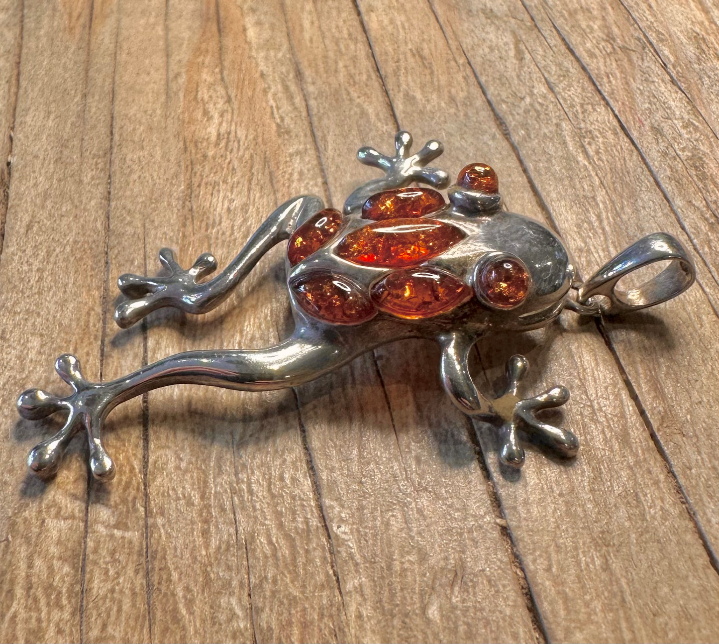 Modernist Amber Frog 925 Sterling Silver Pendant