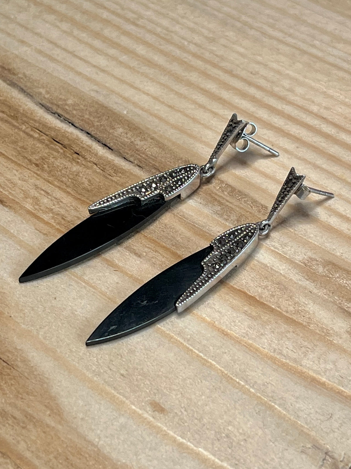 Elongated Black Onyx and Marcasite 925 Sterling Silver Drop Earrings