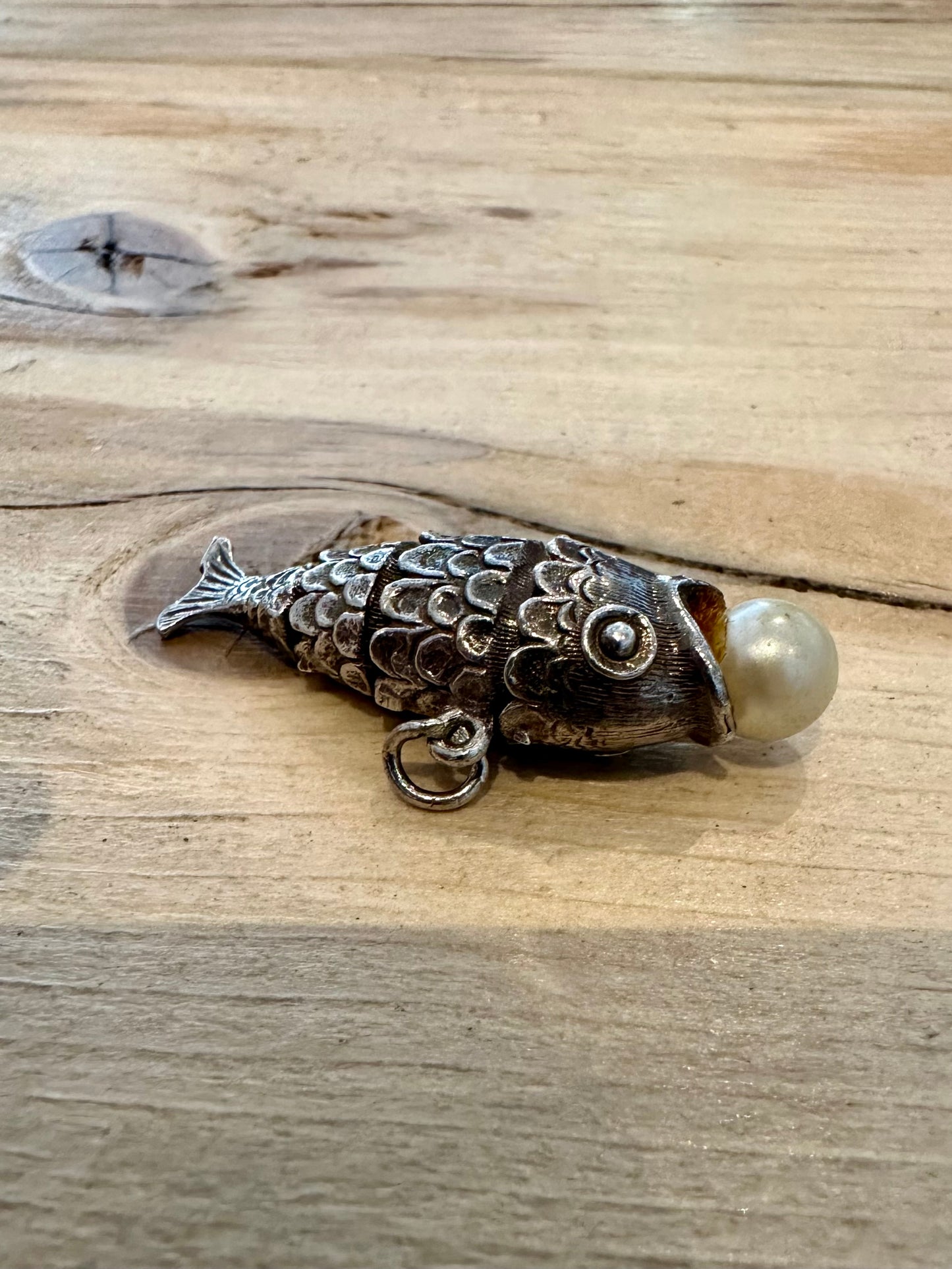 Vintage Articulated Fish White Ball Silver Pendant