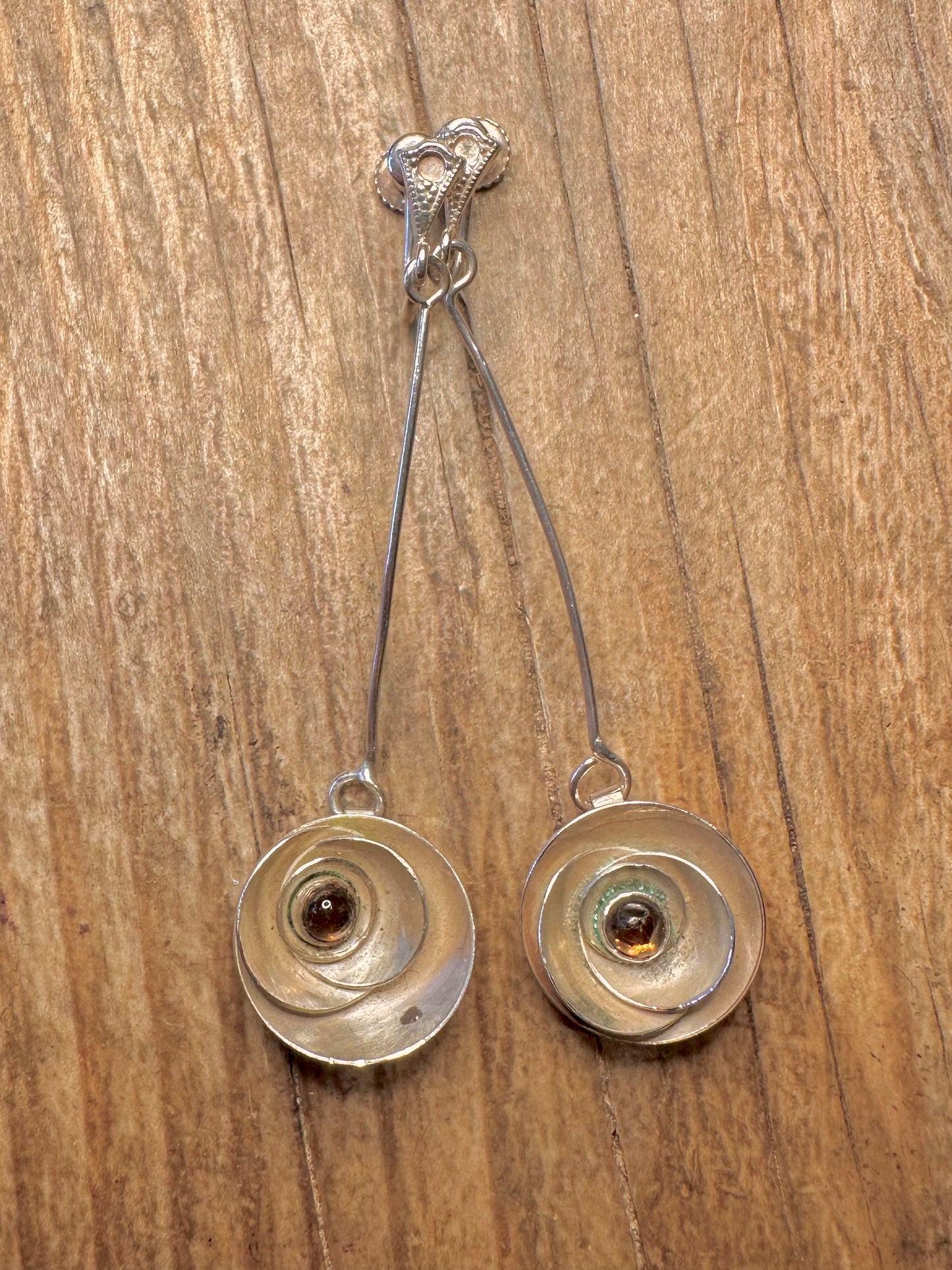 Modernist Yellow Orange Stone Flower Dangle Screw On 925 Sterling Silver Earrings