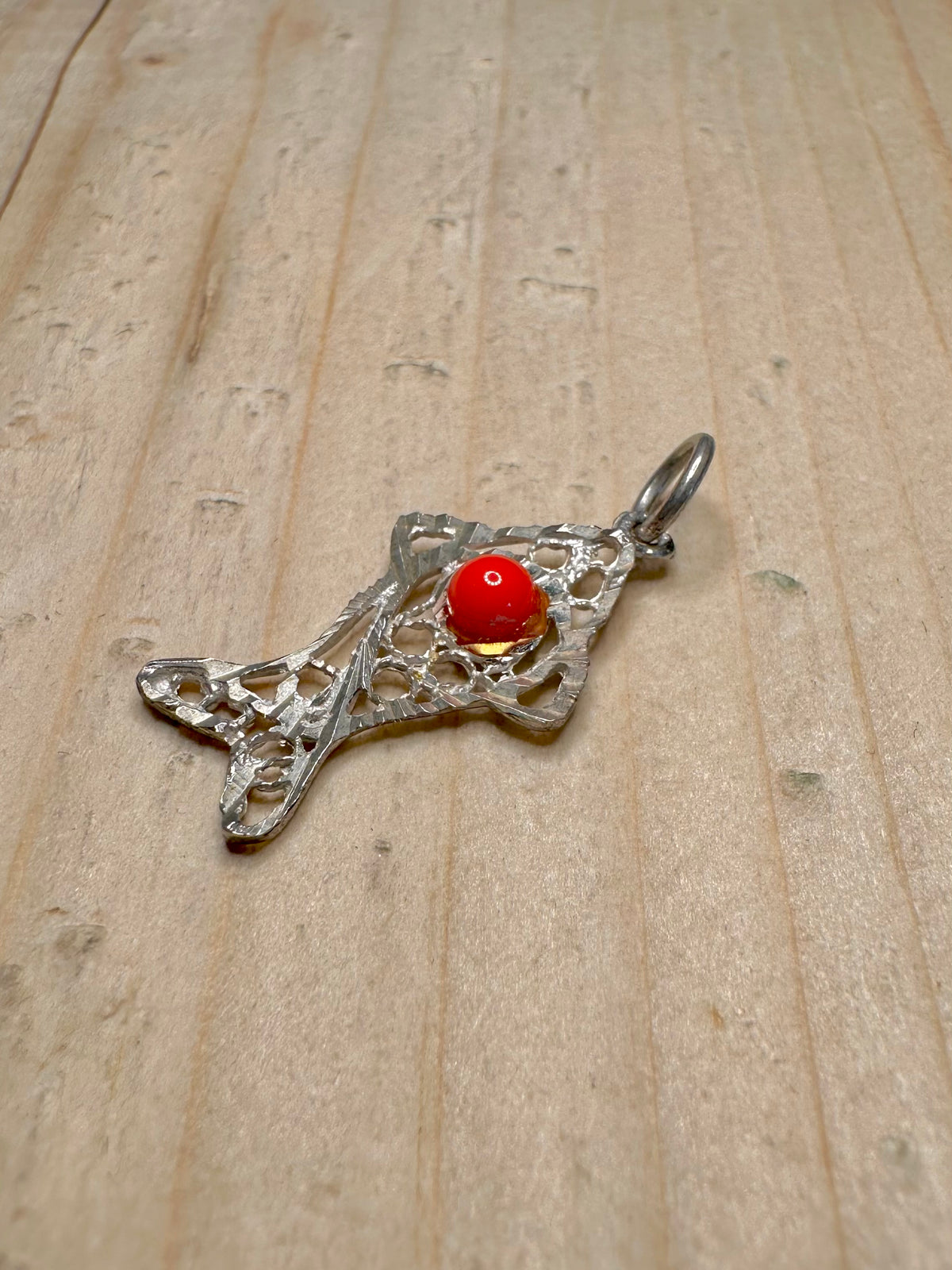 Coral Filigree Fish 925 Sterling Silver Pendant
