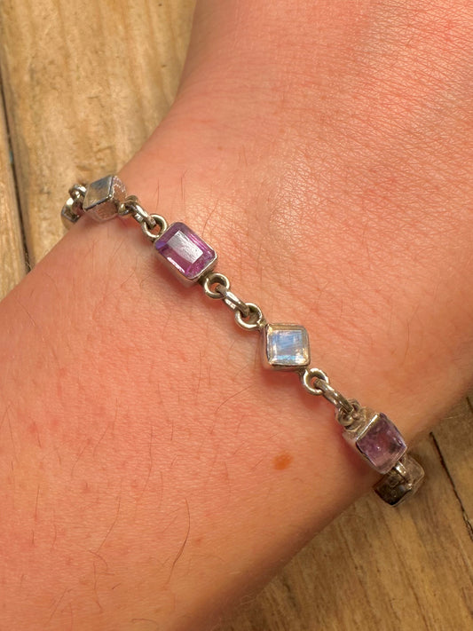 Vintage Moonstone and Amethyst Chain 925 Sterling Silver 6.5 to 8.4 inch Bracelet