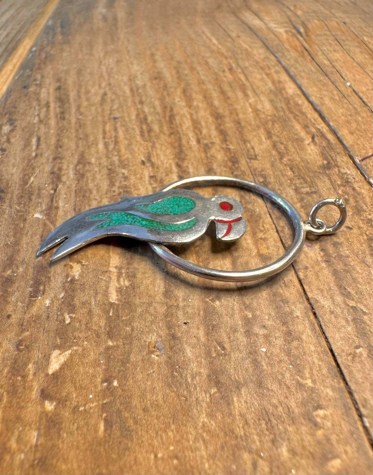 Parrot Turquoise Inlay Alpaca Silver Mexico Pendant