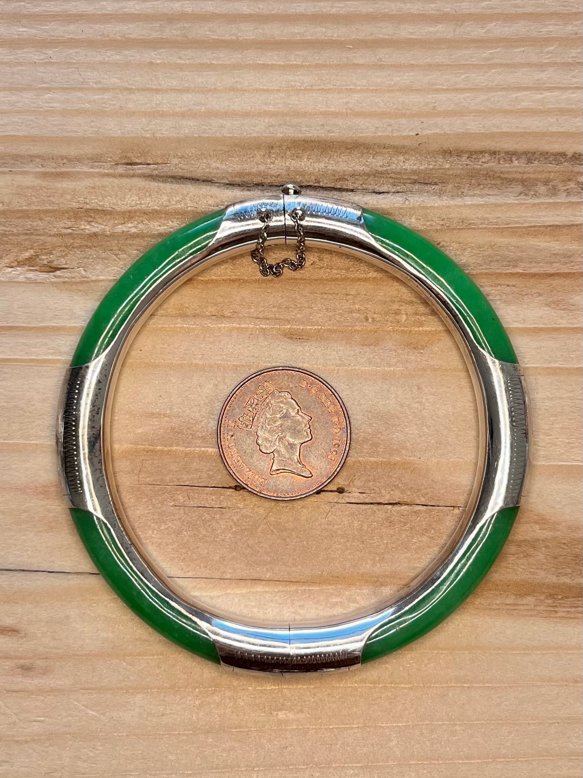 Jade Engraved with Safety Chain 925 Sterling Silver Bangle
