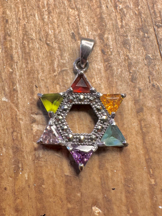 Mehrfarbiger Edelstein Davidstern 925 Sterlingsilber Anhänger