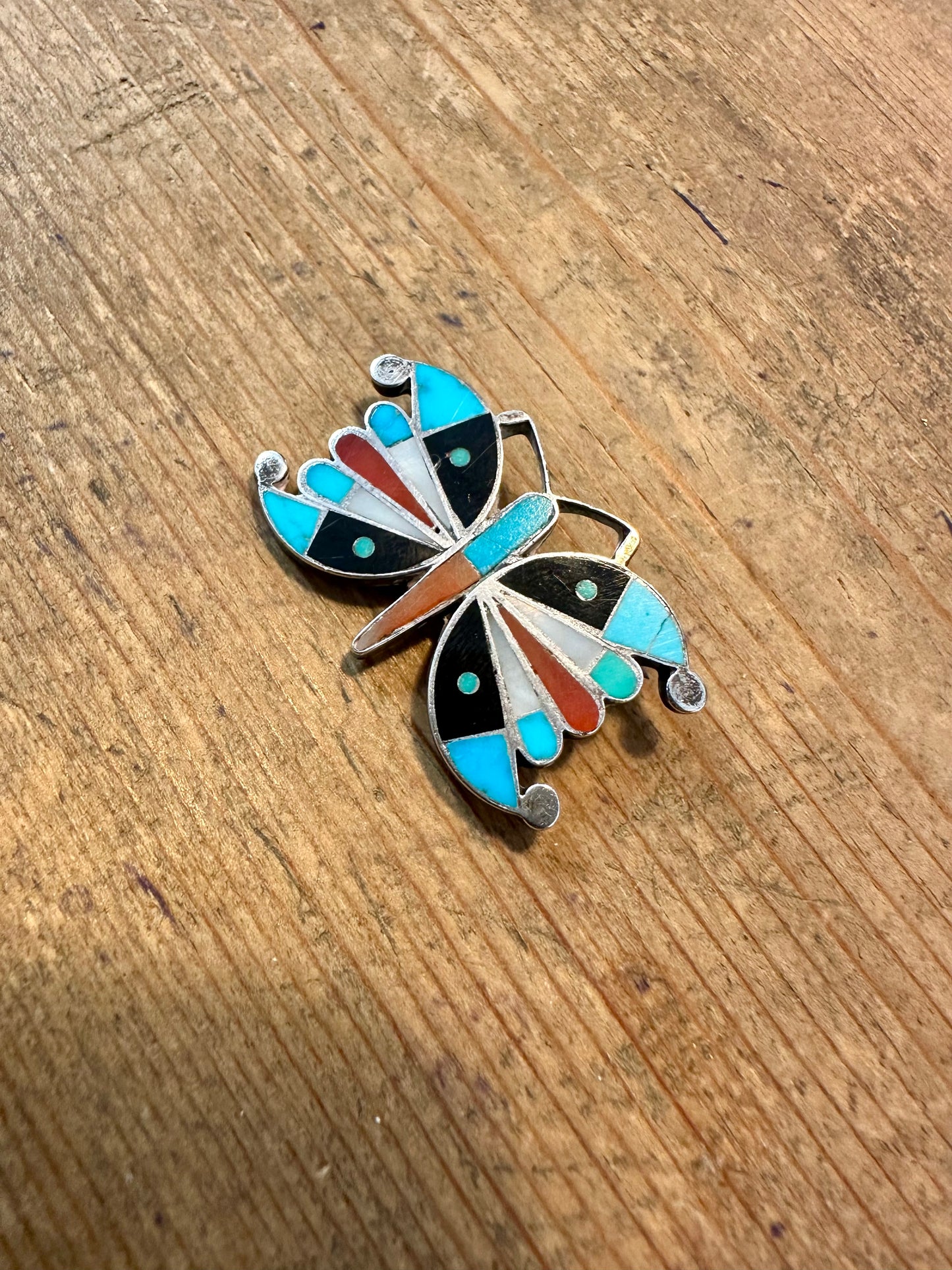 Native American Zuni Turquoise Onyx and Coral Mosaic Inlay Butterfly 925 Silver Brooch