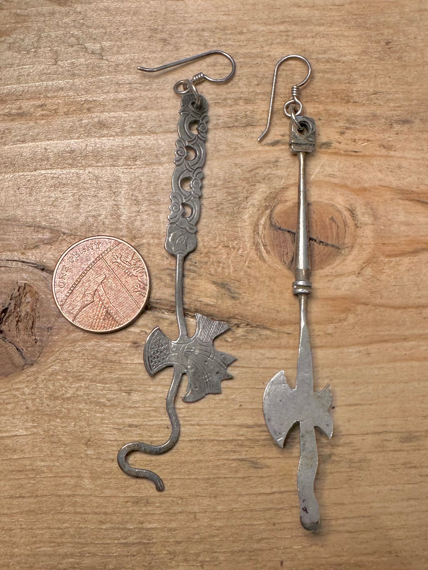 Vintage Unusual Chinese Axe Silver Earrings