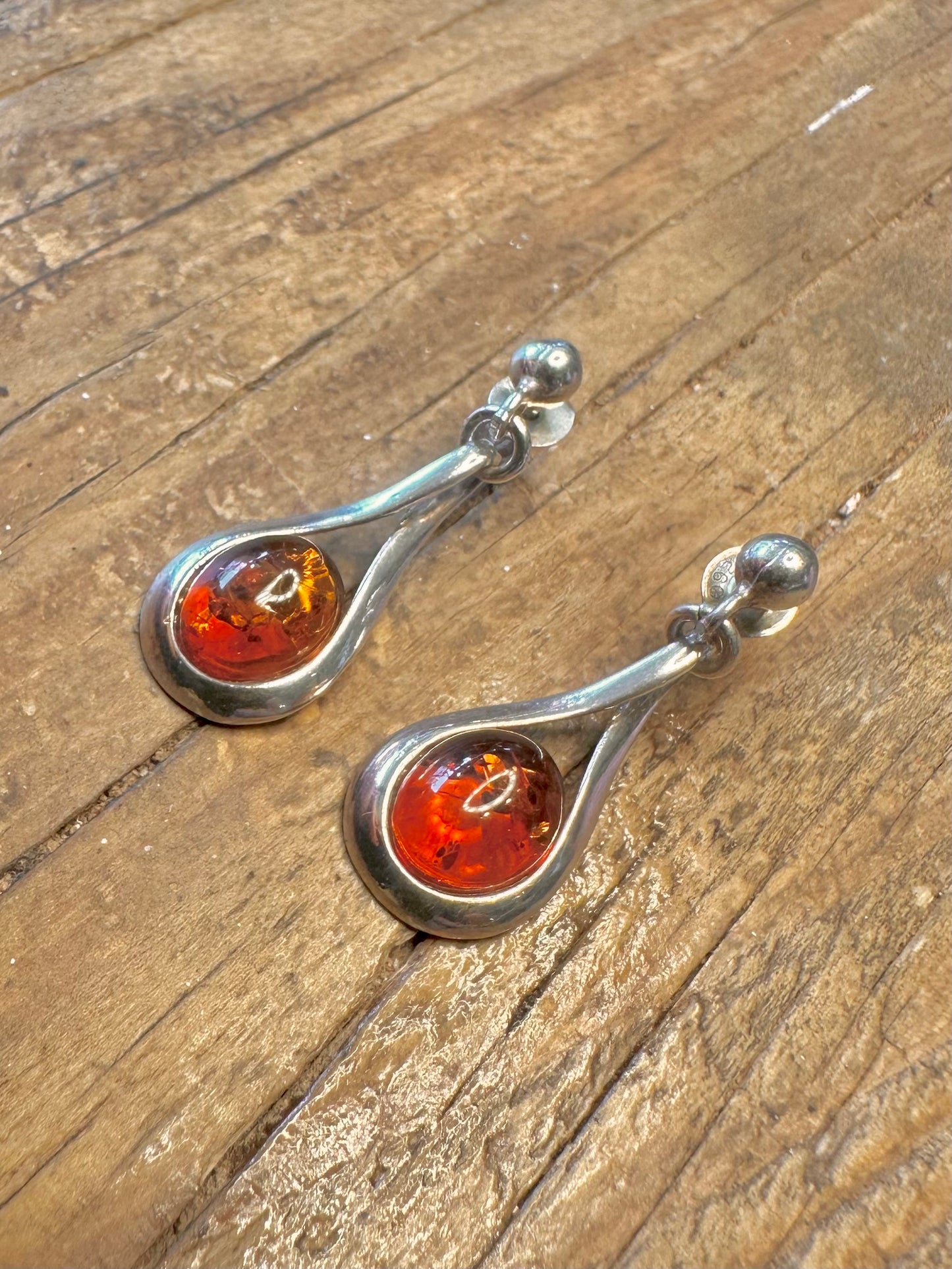 Modernist Amber Drop 925 Sterling Silver Earrings