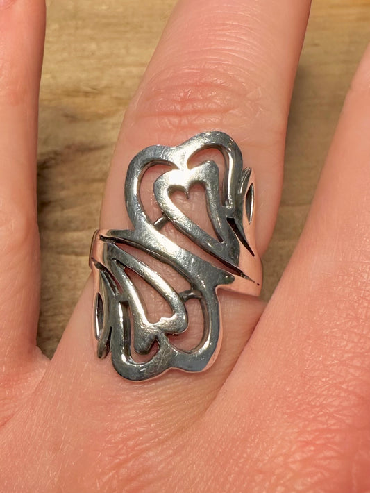 Vintage Two Hearts 925 Silver Size Q Ring