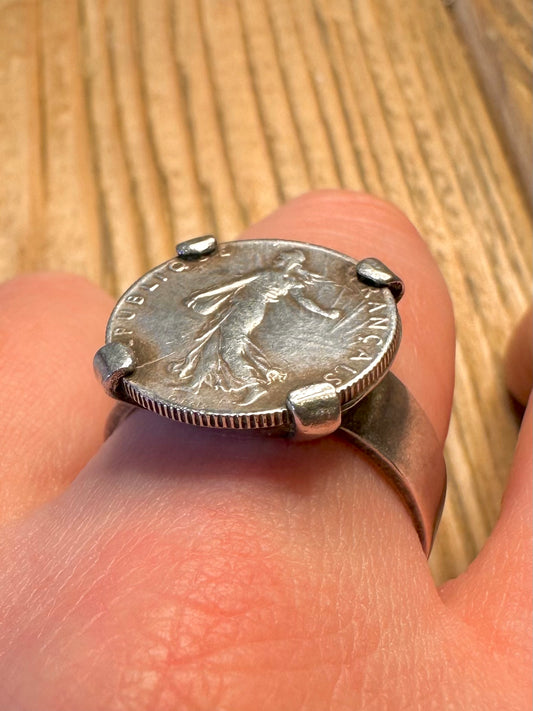 1918 France 50 Centimes 925 Sterling Silver Size Y Ring