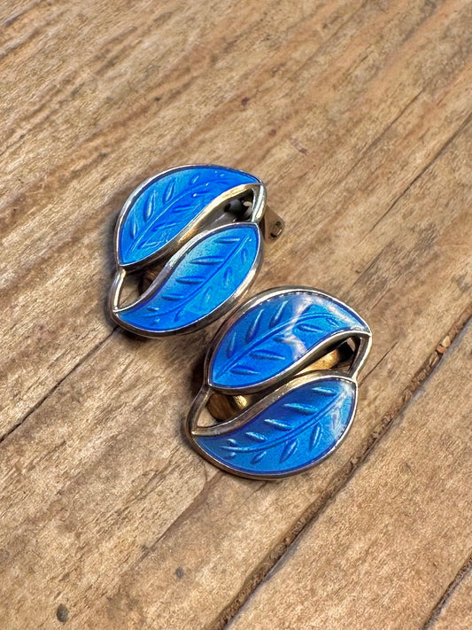 David Anderson Norwegian Blue Guilloche Enamel Clip On 925 Sterling Silver Earrings