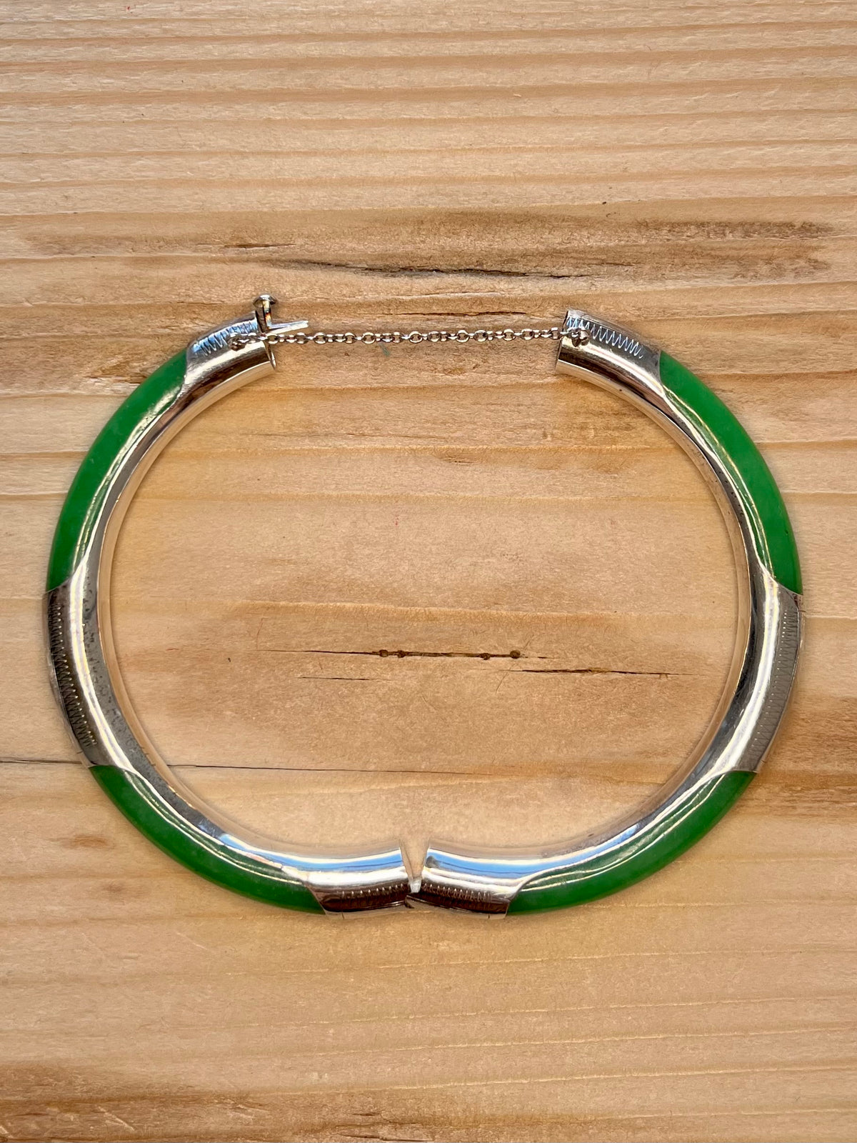 Jade Engraved with Safety Chain 925 Sterling Silver Bangle