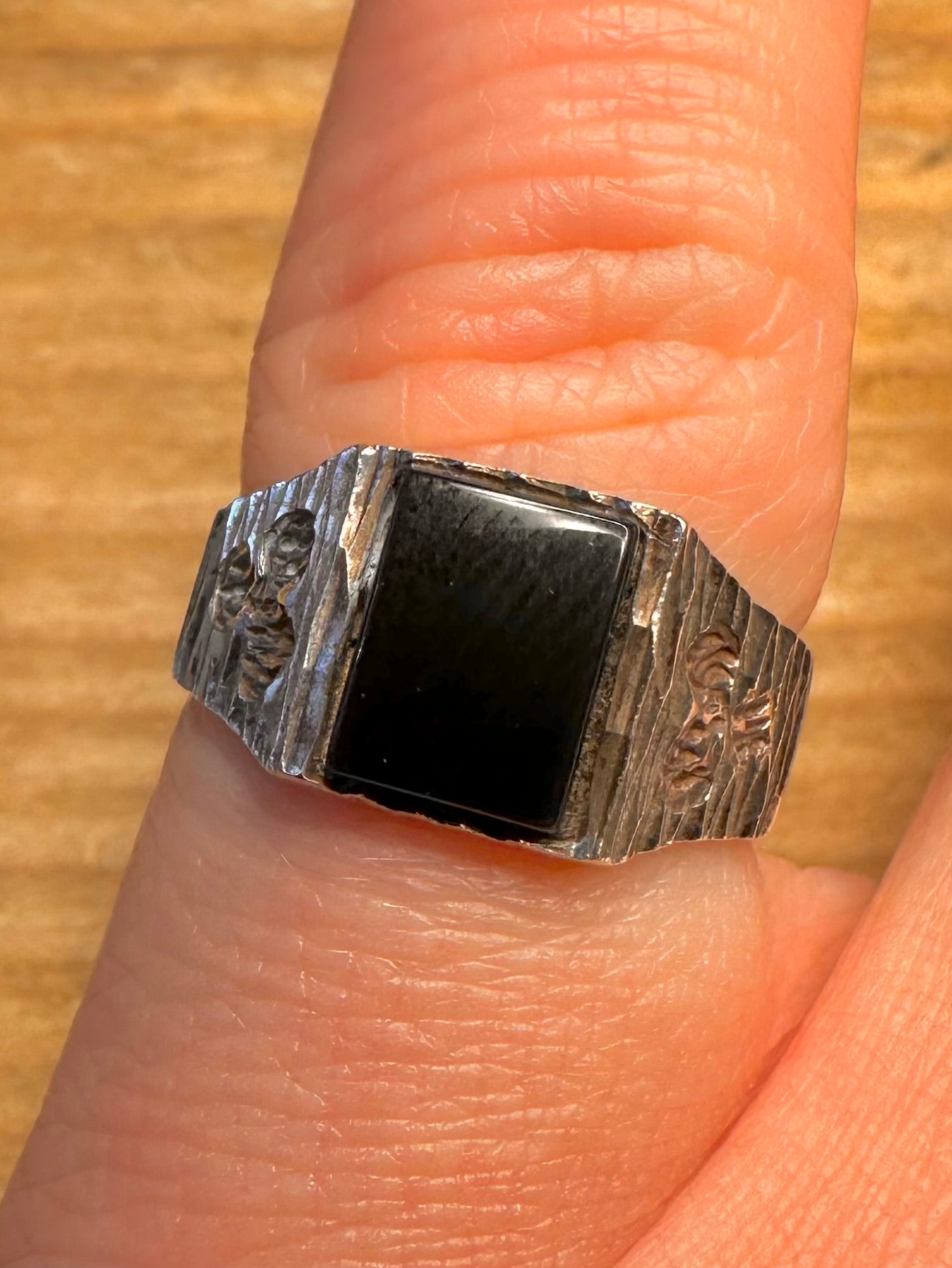Vintage Onyx Textured Signet 925 Sterling Silver Size K Ring