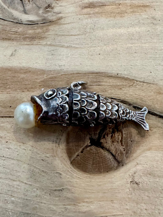 Vintage Articulated Fish White Ball Silver Pendant