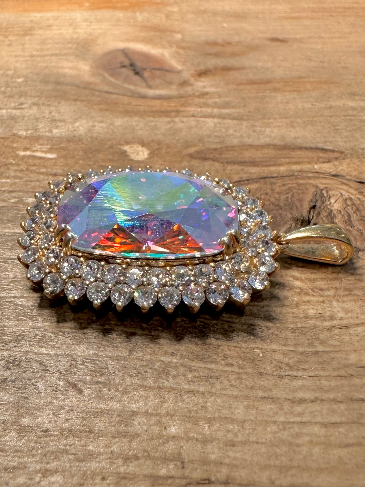 Modern Large Iridescent Stone Gold on 925 Silver Pendant