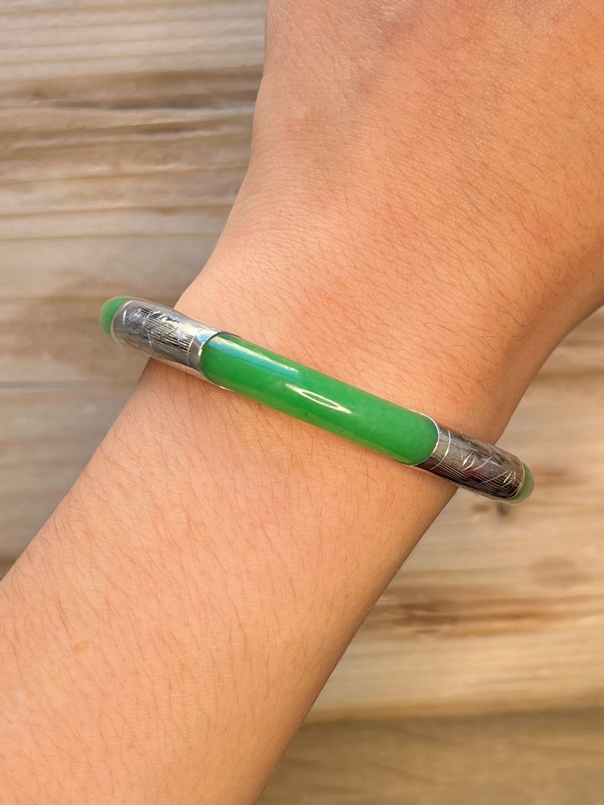 Jade Engraved with Safety Chain 925 Sterling Silver Bangle