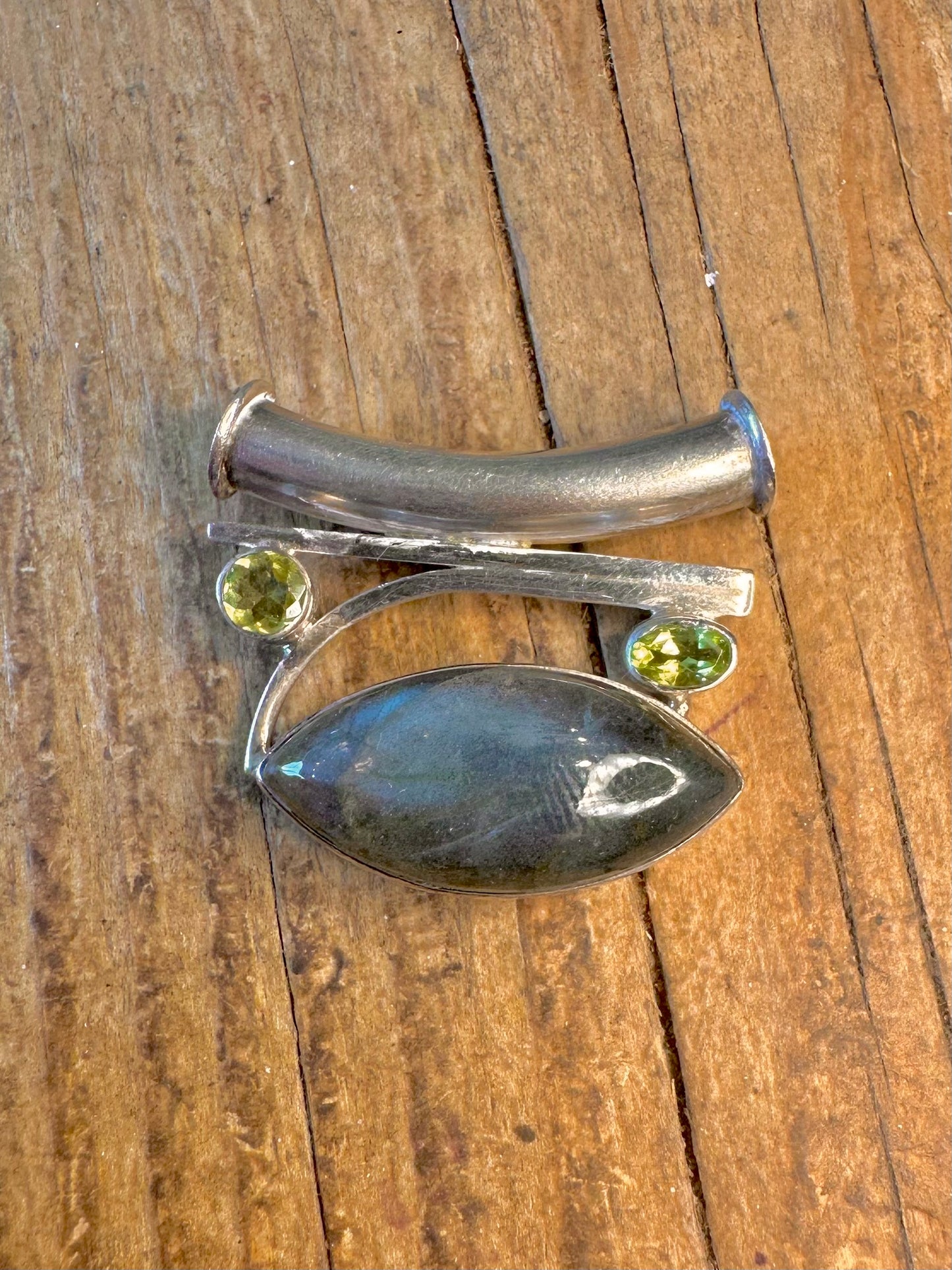 Abstract Labradorite and Peridot 925 Sterling Silver Pendant