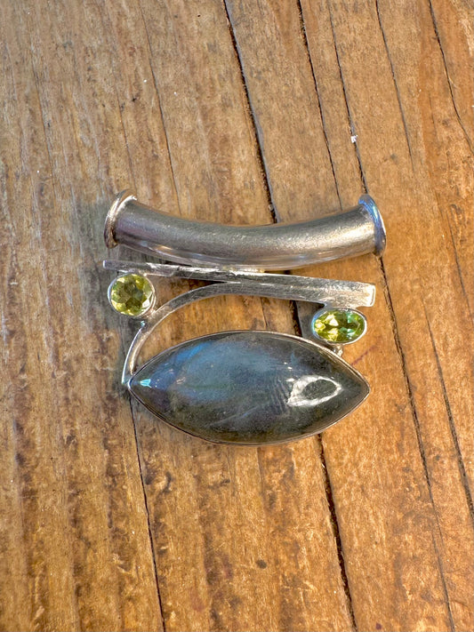 Abstract Labradorite and Peridot 925 Sterling Silver Pendant
