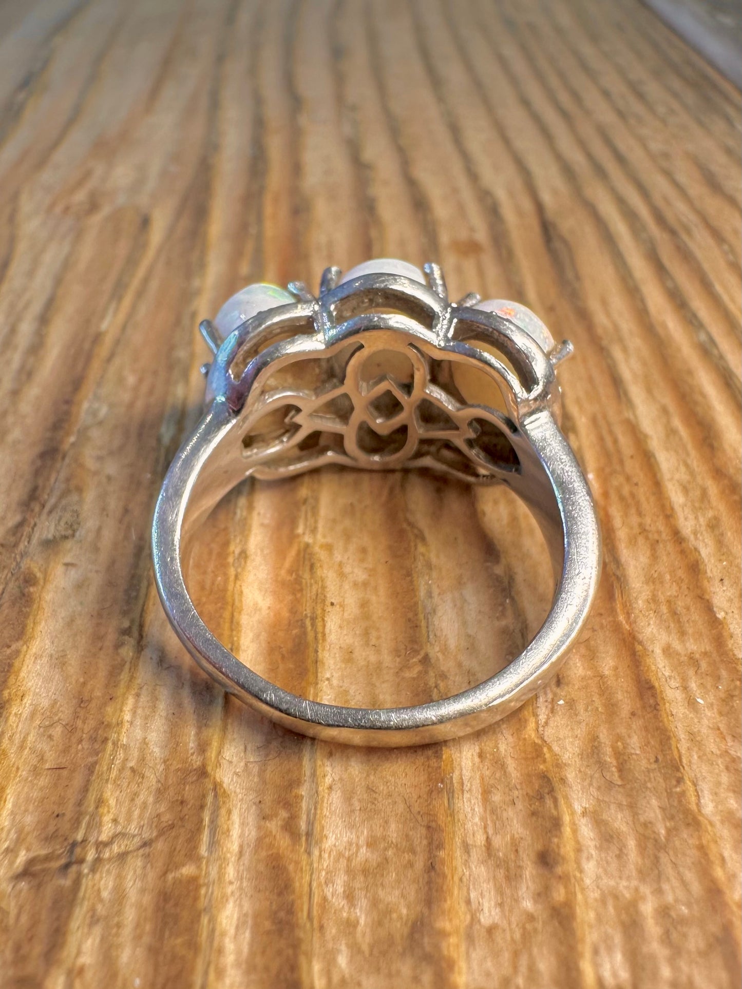 Three Opal Ornate 925 Sterling Silver Size O1/2 Ring