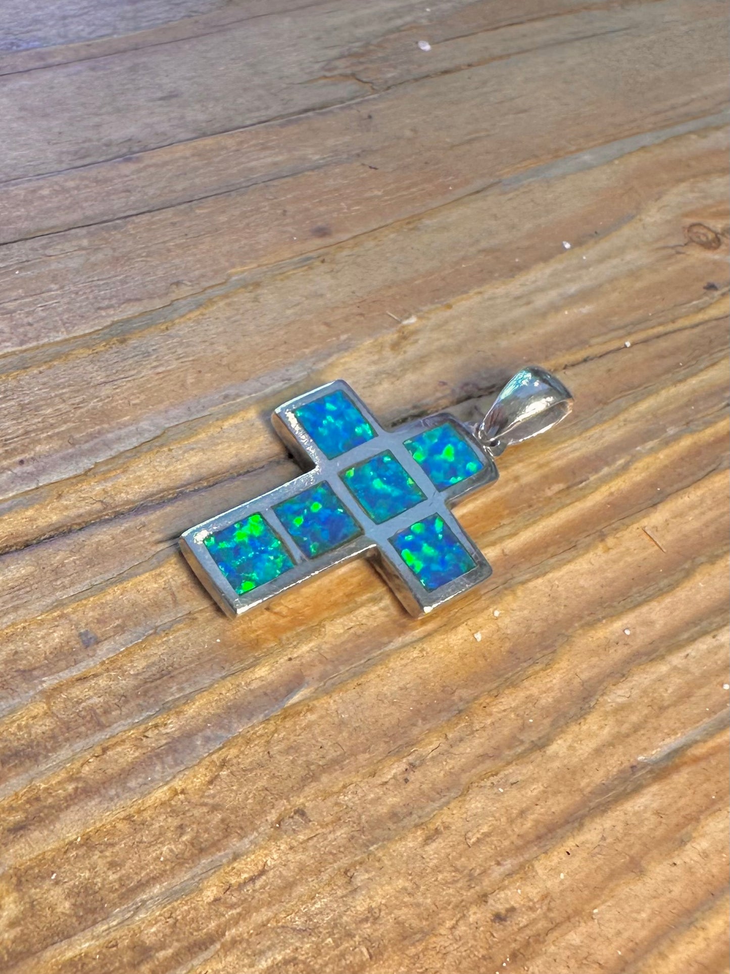 Simulated Blue Opal Cross 925 Sterling Silver Pendant
