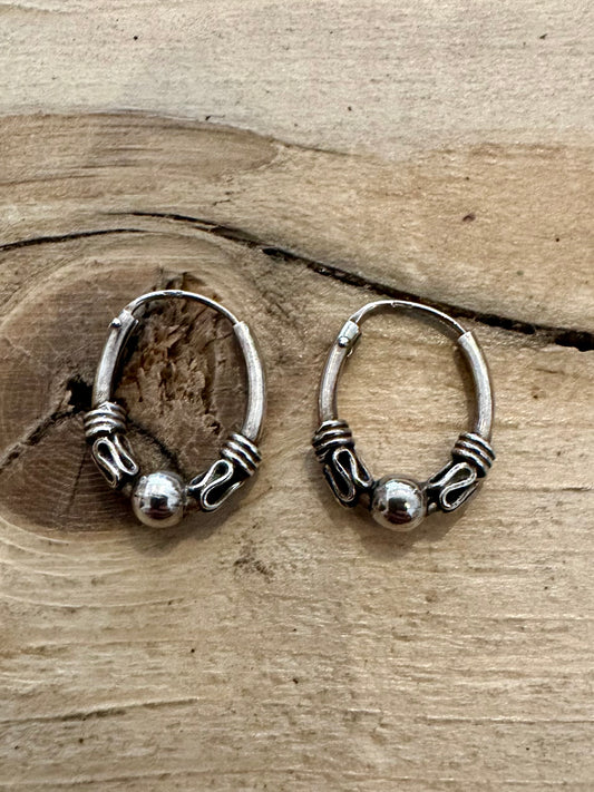 Vintage Small Oval Tribal 925 Silver Hoop Earrings