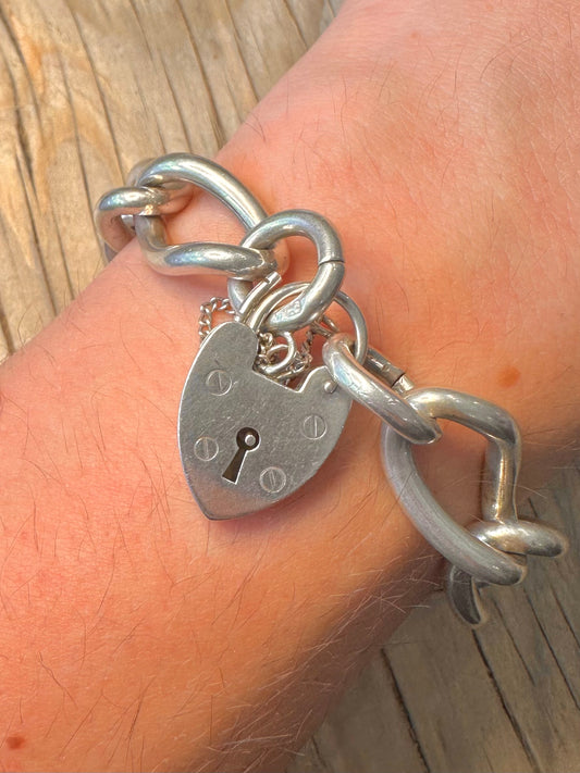 Vintage Chunky Long Link Curb Chain 925 Silver 7 inch Bracelet