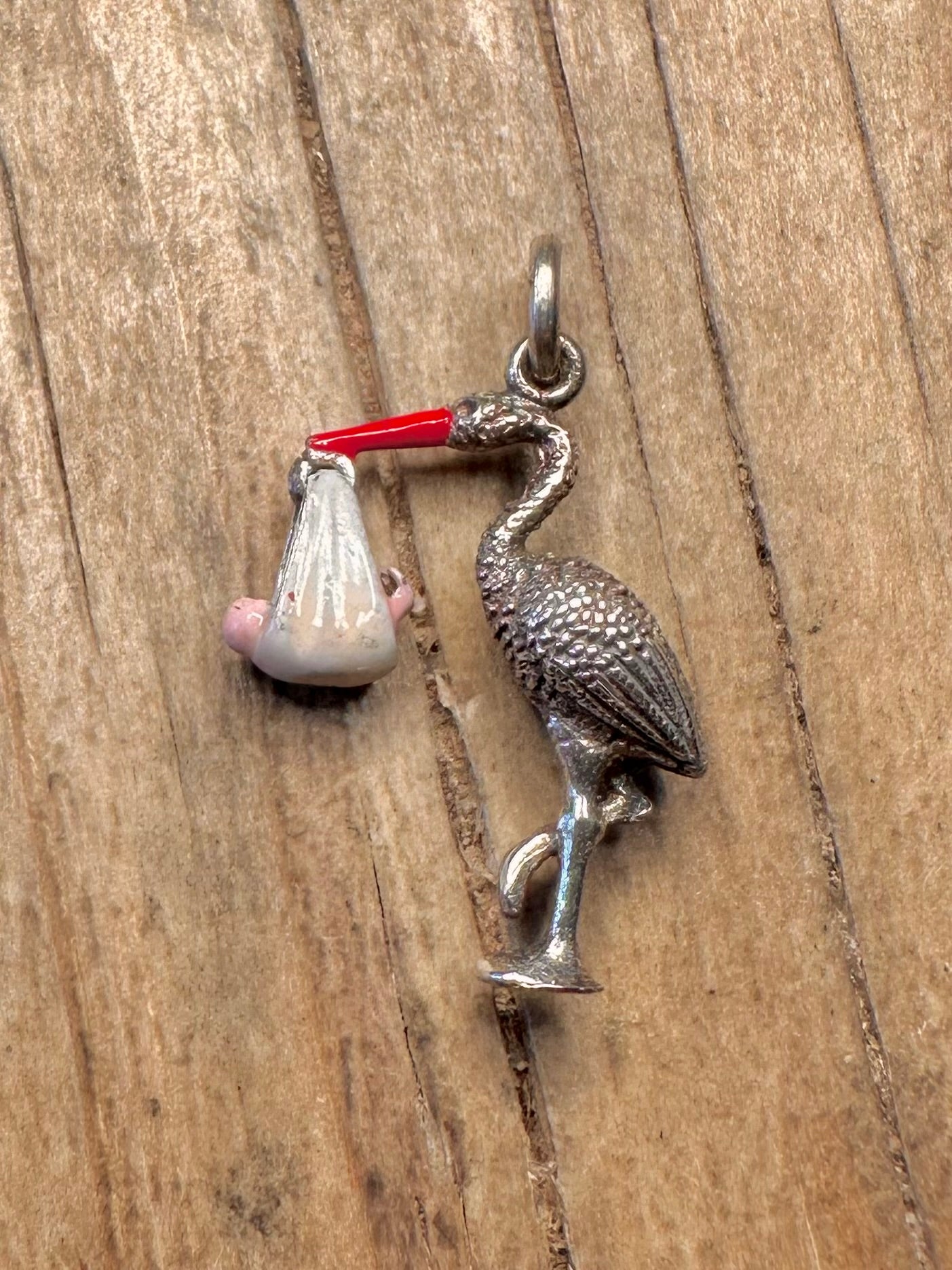 Vintage Stork and Baby Enamel 925 Sterling Silver Charm Pendant