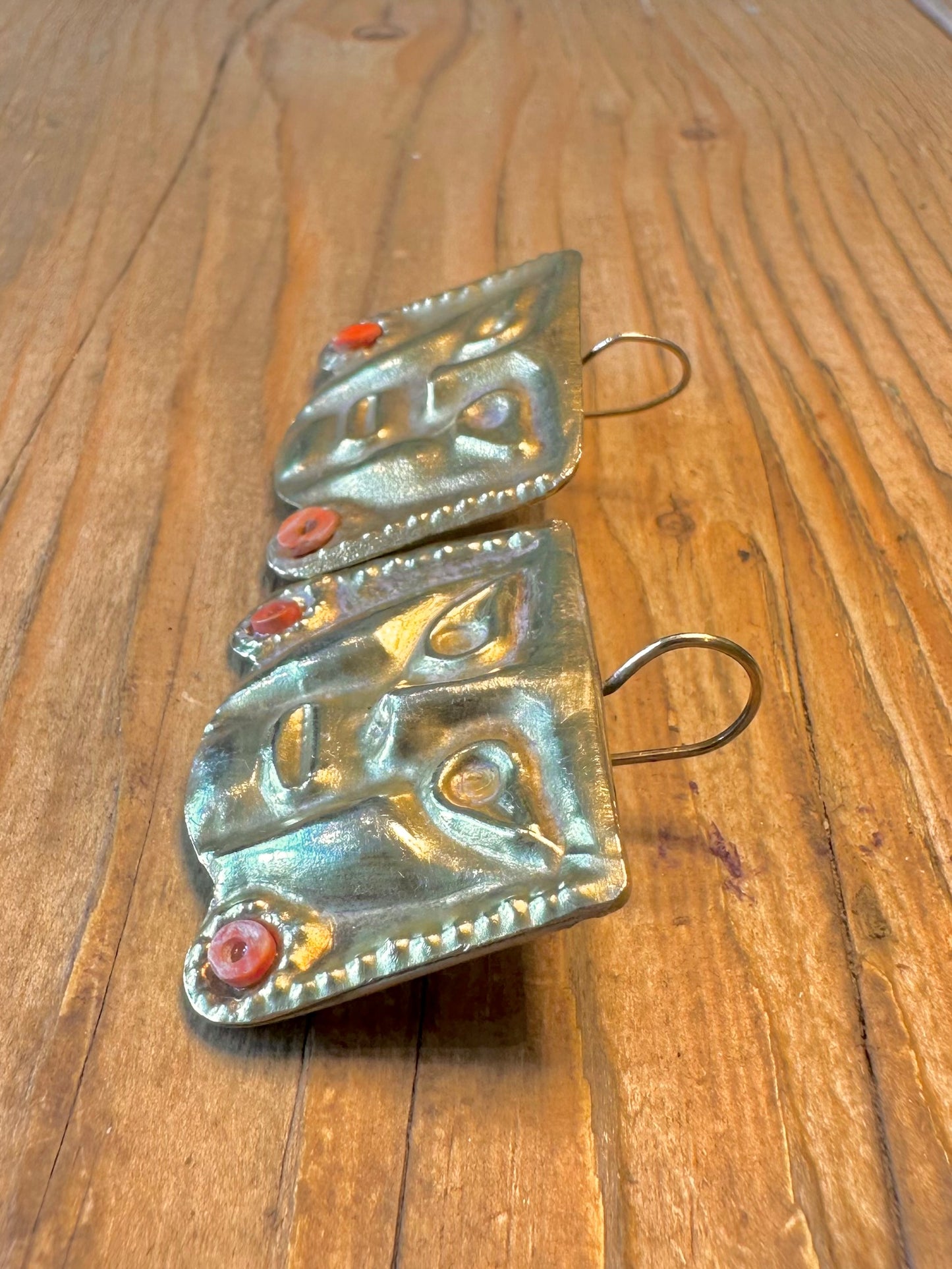 Peruvian Coral Mask Style Gold Toned Brass Earrings