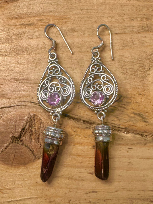 Vintage Amethyst and Multi Coloured Pillar Boho Filigree 925 Silver Earrings