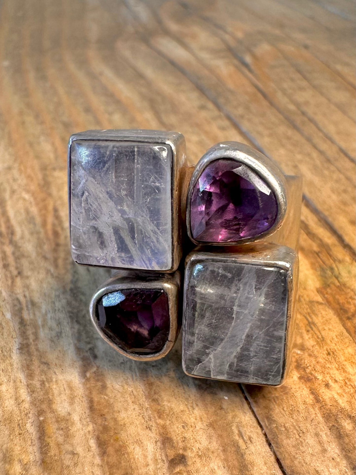 Chunky Moonstone and Amethyst 925 Sterling Silver Size P Ring