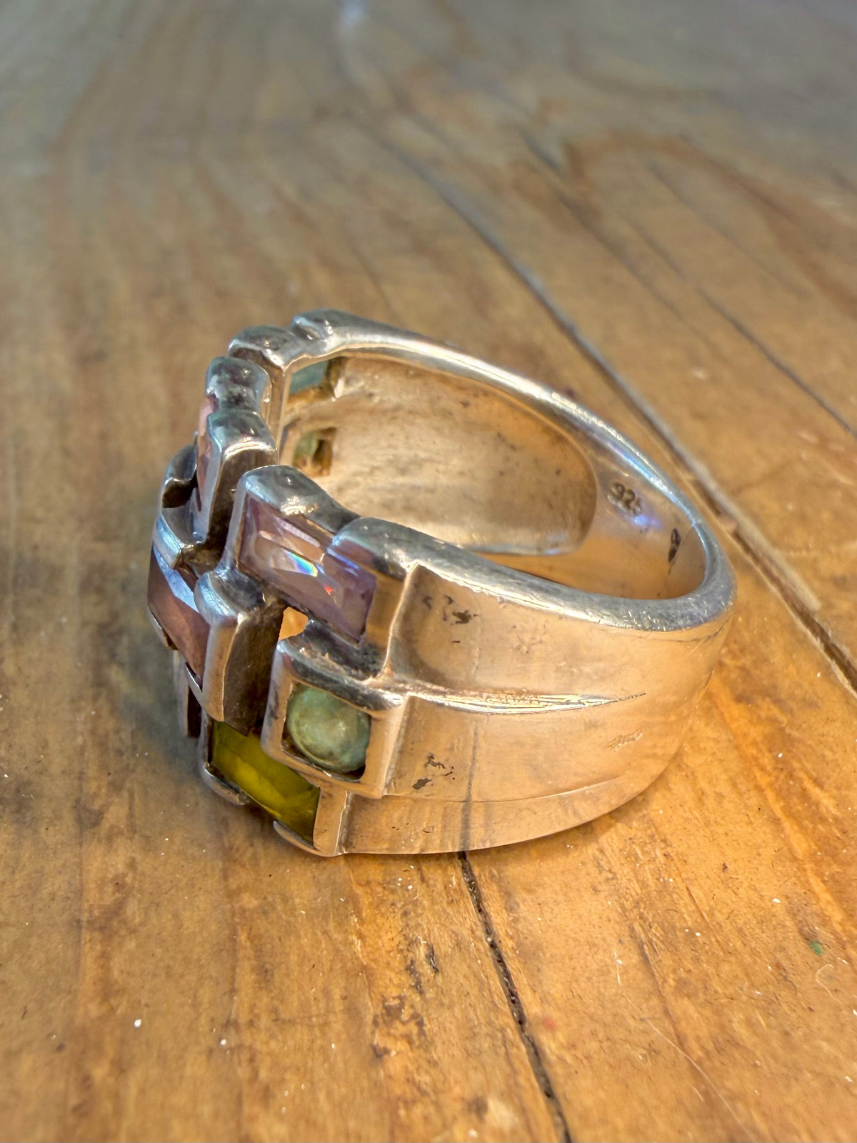 Chunky Multi Coloured Gemstone 925 Sterling Silver Size R Ring