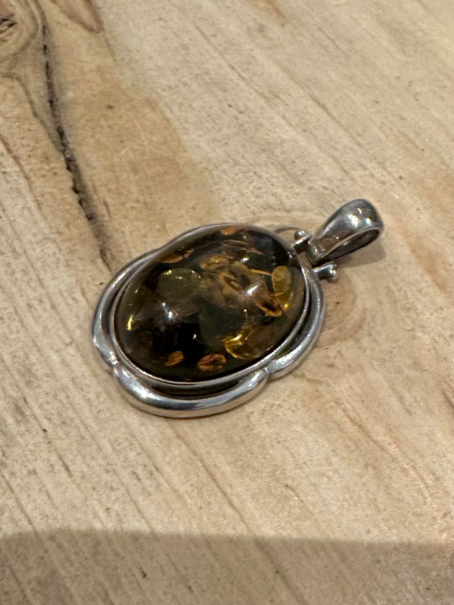 Vintage Green Amber Oval 925 Silver Pendant