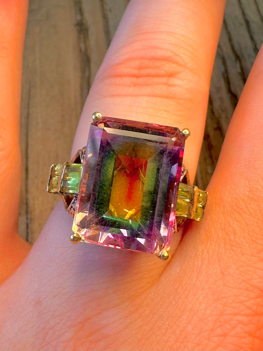 Mystic Topaz and Peridot Gold on 925 Sterling Silver Size Q1/2 Ring