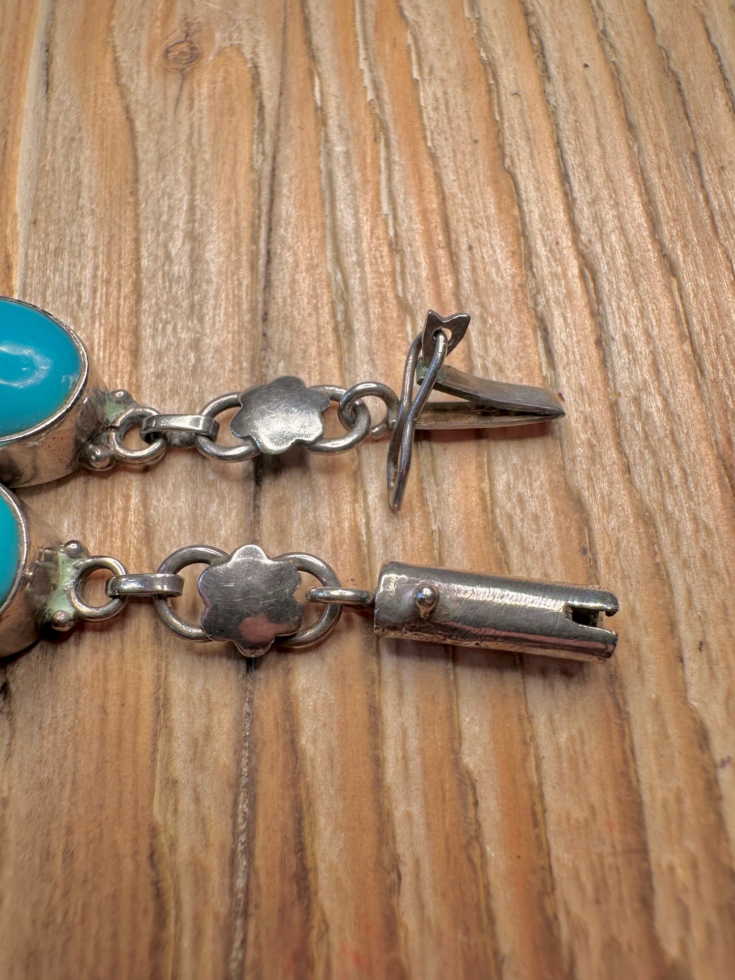 Vintage Turquoise Oval Link 925 Sterling Silver 8.5 Inch Bracelet