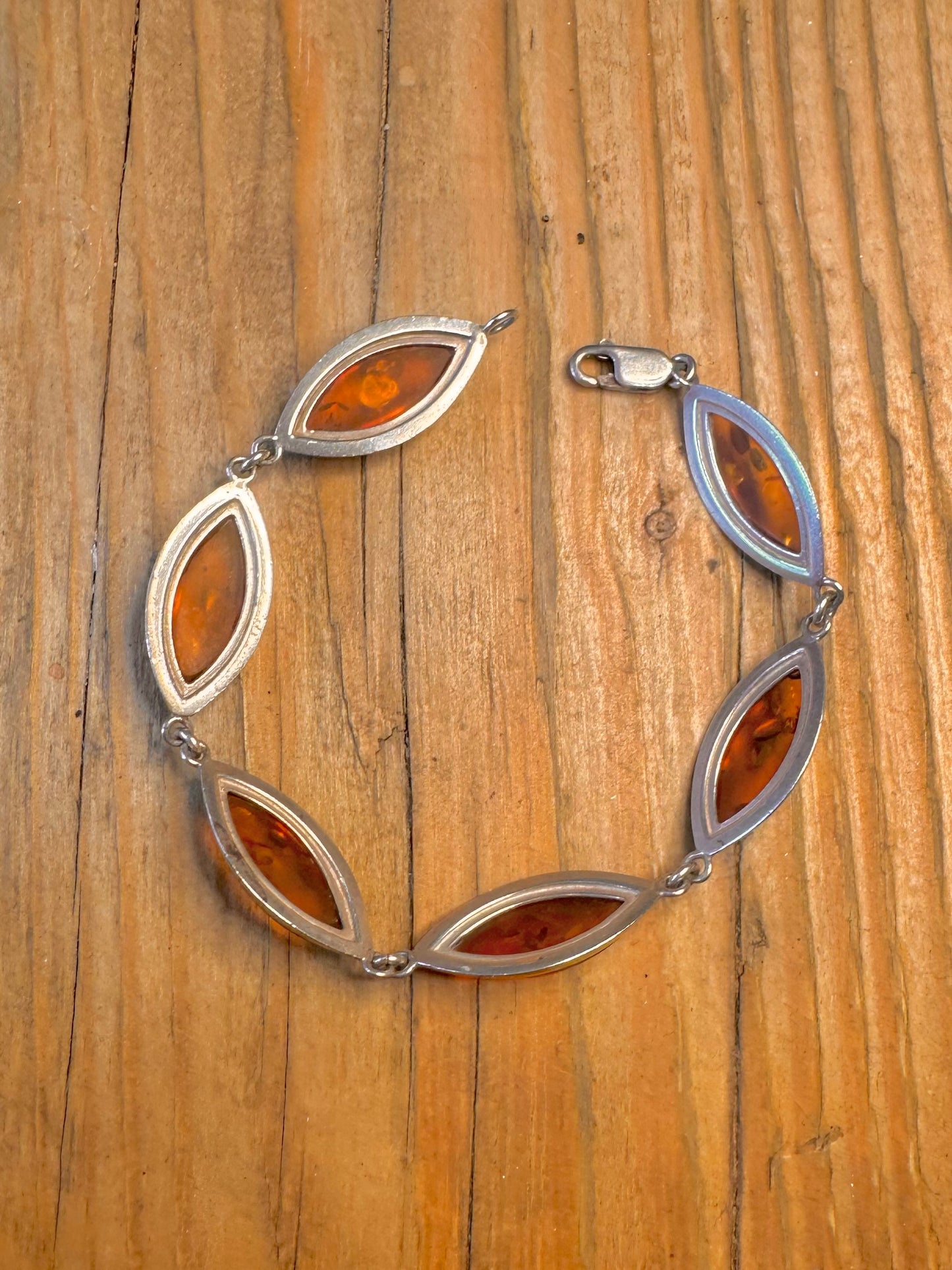 Amber Marquise Shaped 925 Sterling Silver 7.5 inch Bracelet