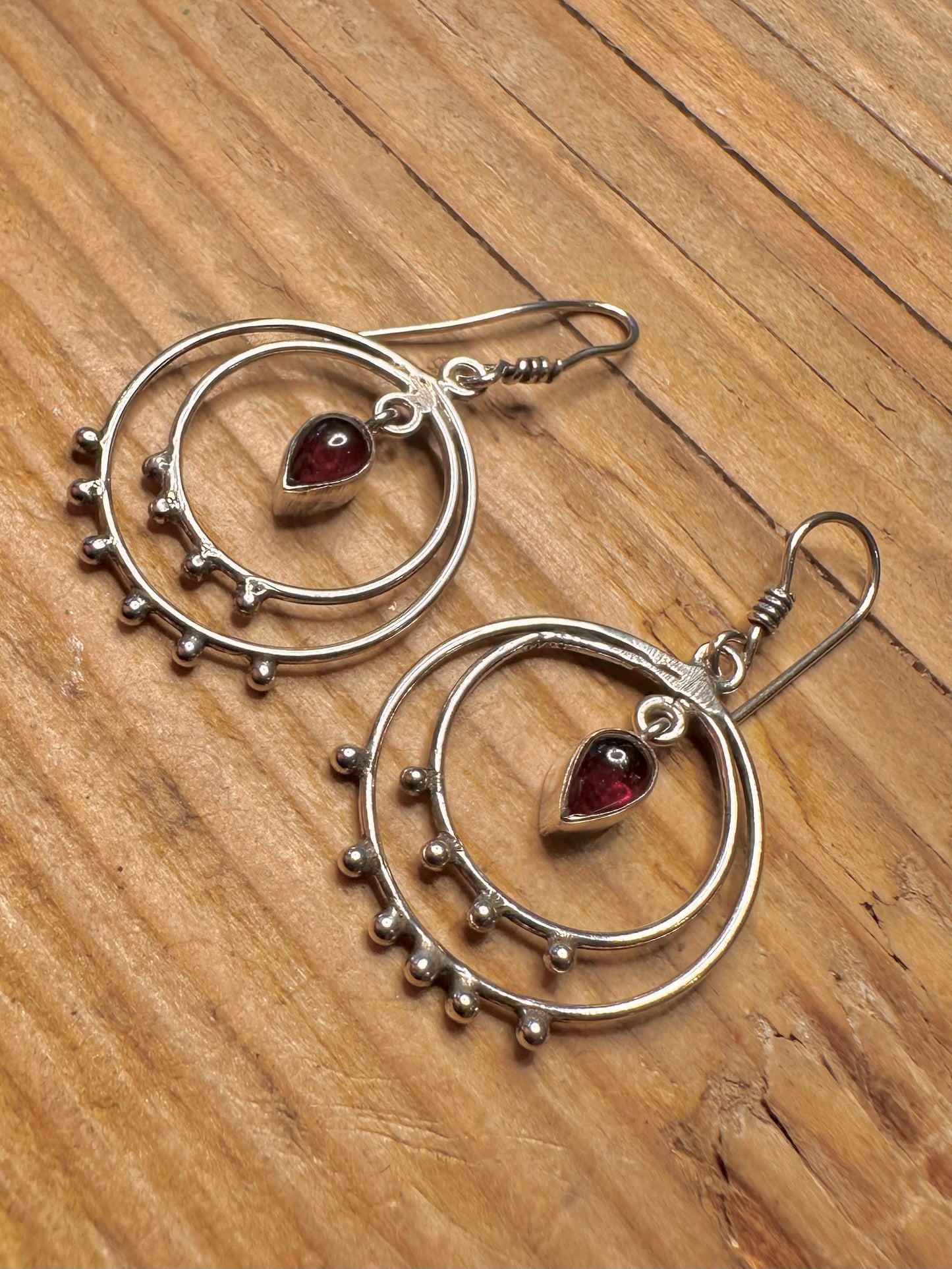 Vintage Garnet Tribal Circle 925 Sterling Silver Earrings