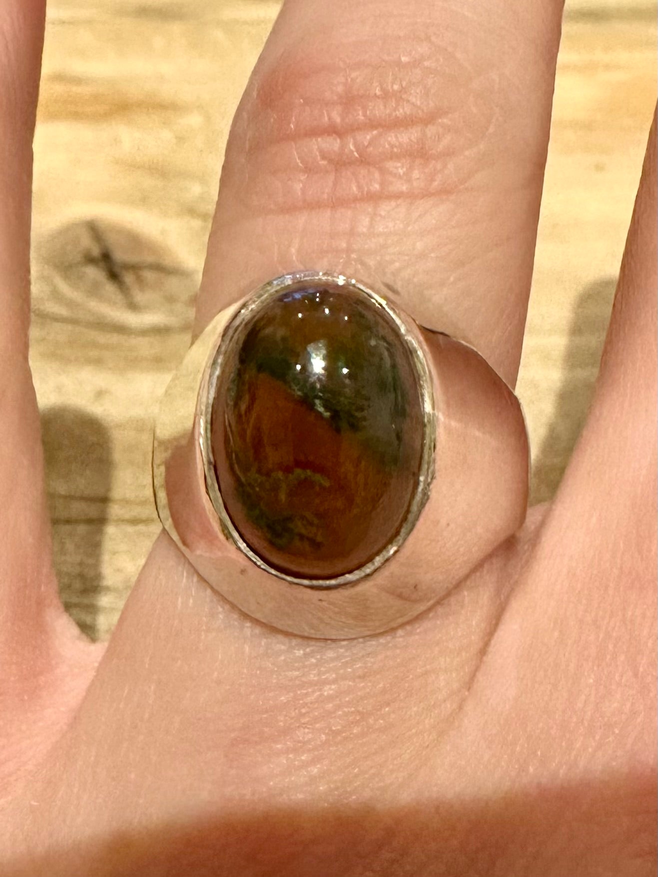 Vintage 1977 Moss Agate 925 Silver R Ring