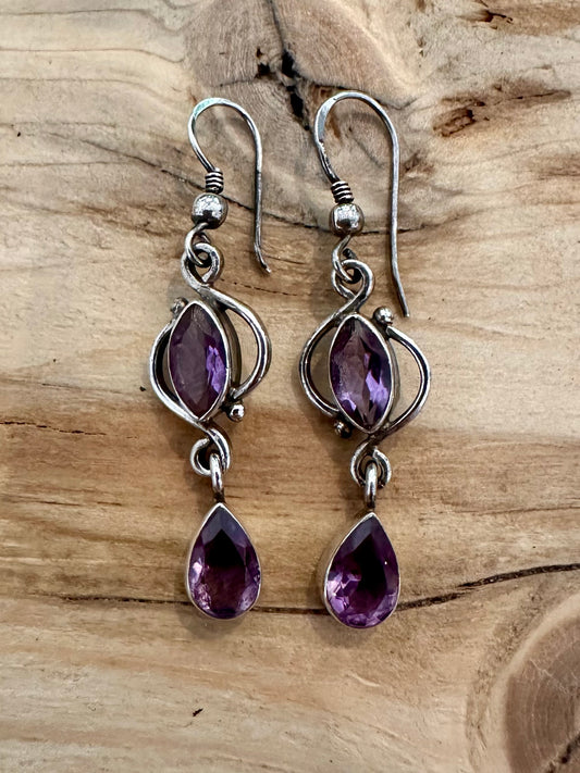 Vintage Dangle Amethyst 925 Silver Earrings