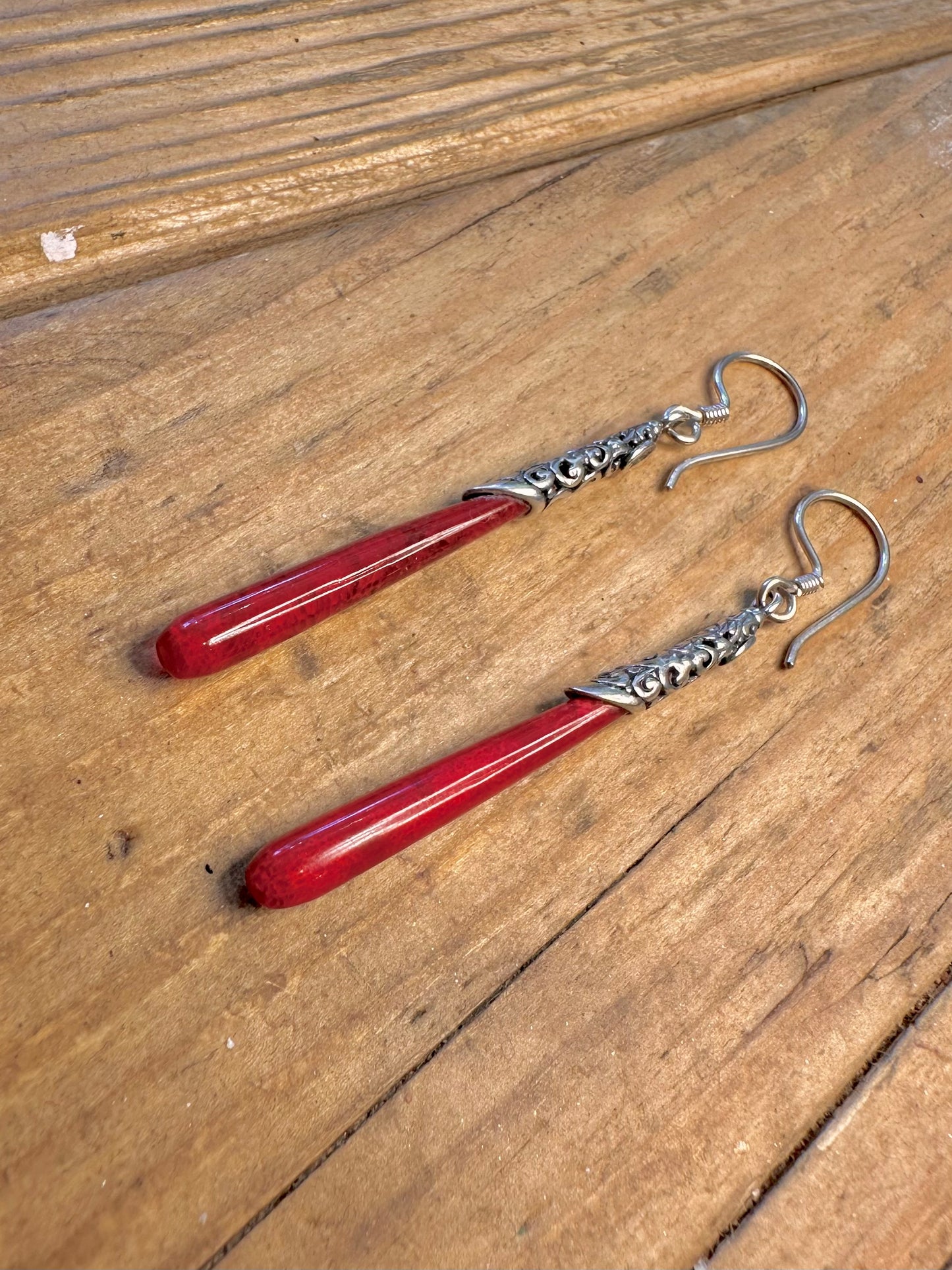 Bali Style Red Coral Polished Dangle 925 Sterling Silver Earrings
