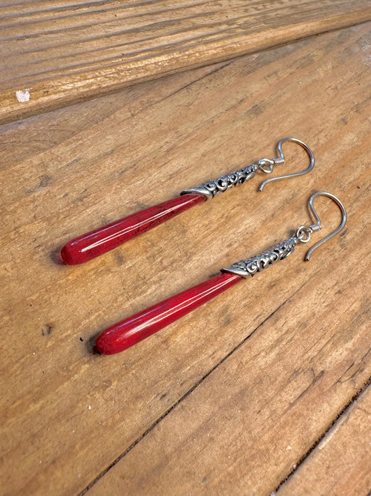 Bali Style Red Coral Polished Dangle 925 Sterling Silver Earrings