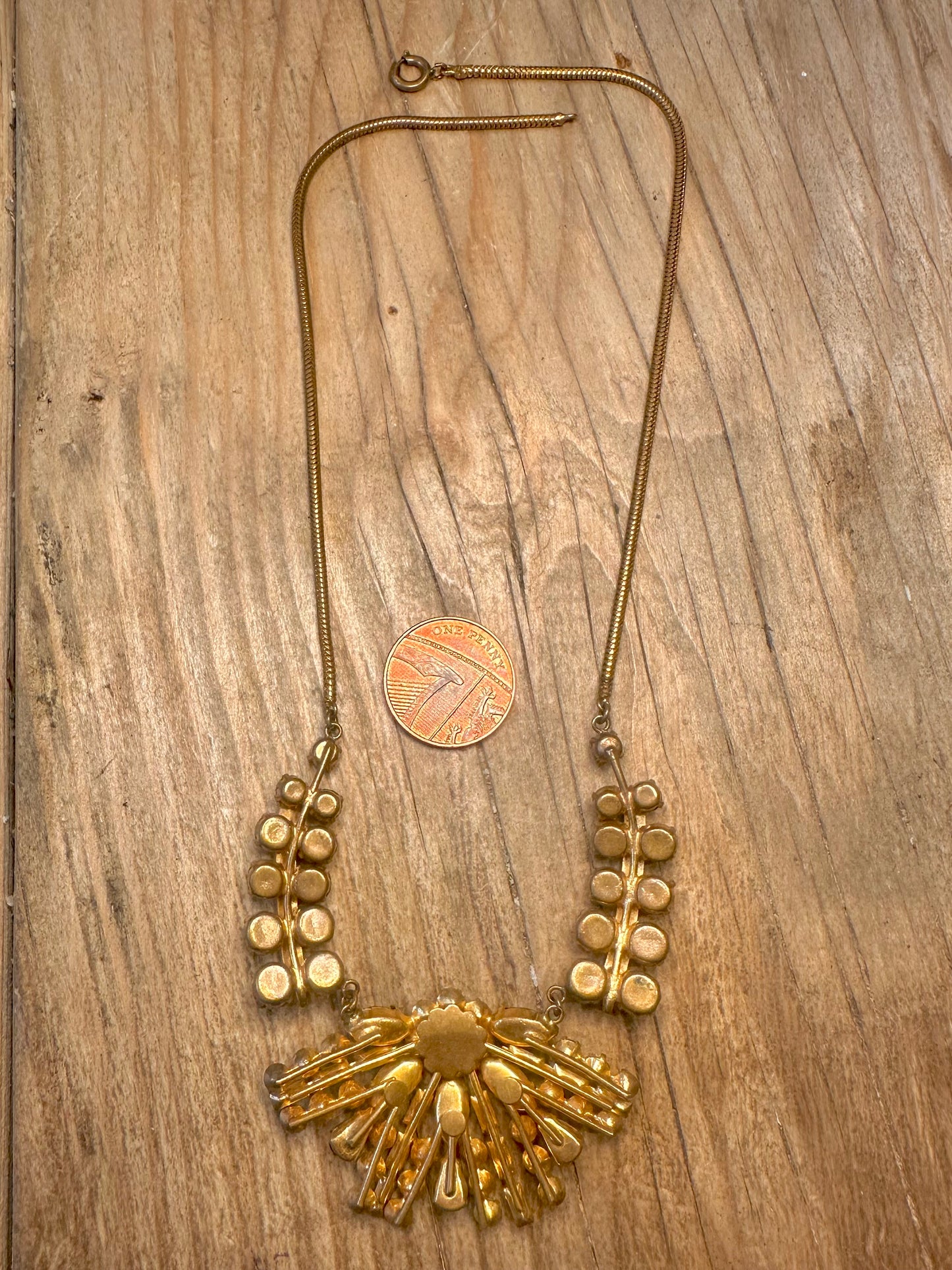 Vintage Art Deco Green and Clear Rhinestone Gold Tone 16 inch Costume Necklace