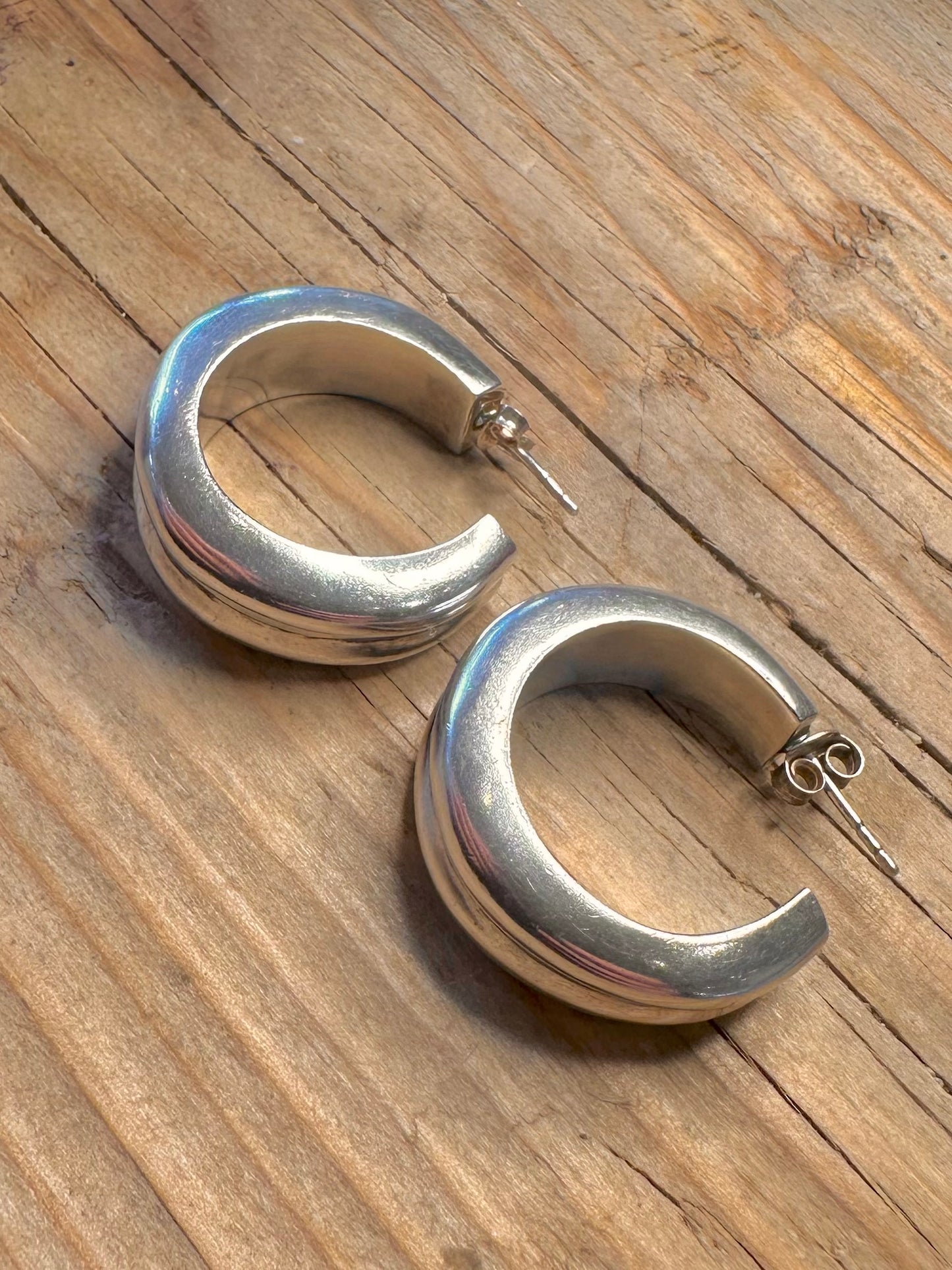 Vintage Chunky Abstract Half Hoops 925 Sterling Silver Earrings