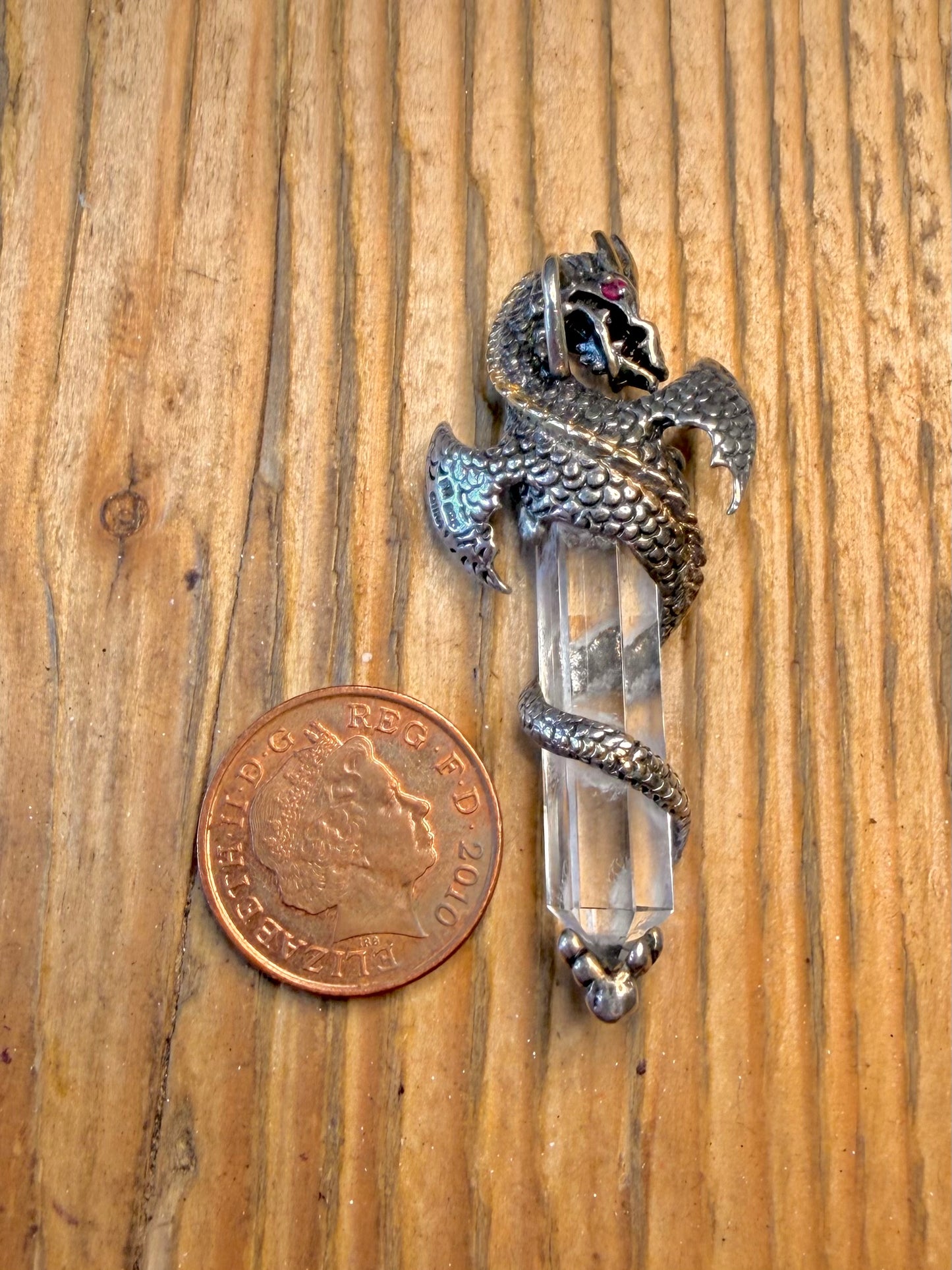 Dragon Coiled Around Clear Quarts 925 Sterling Silver Pendant